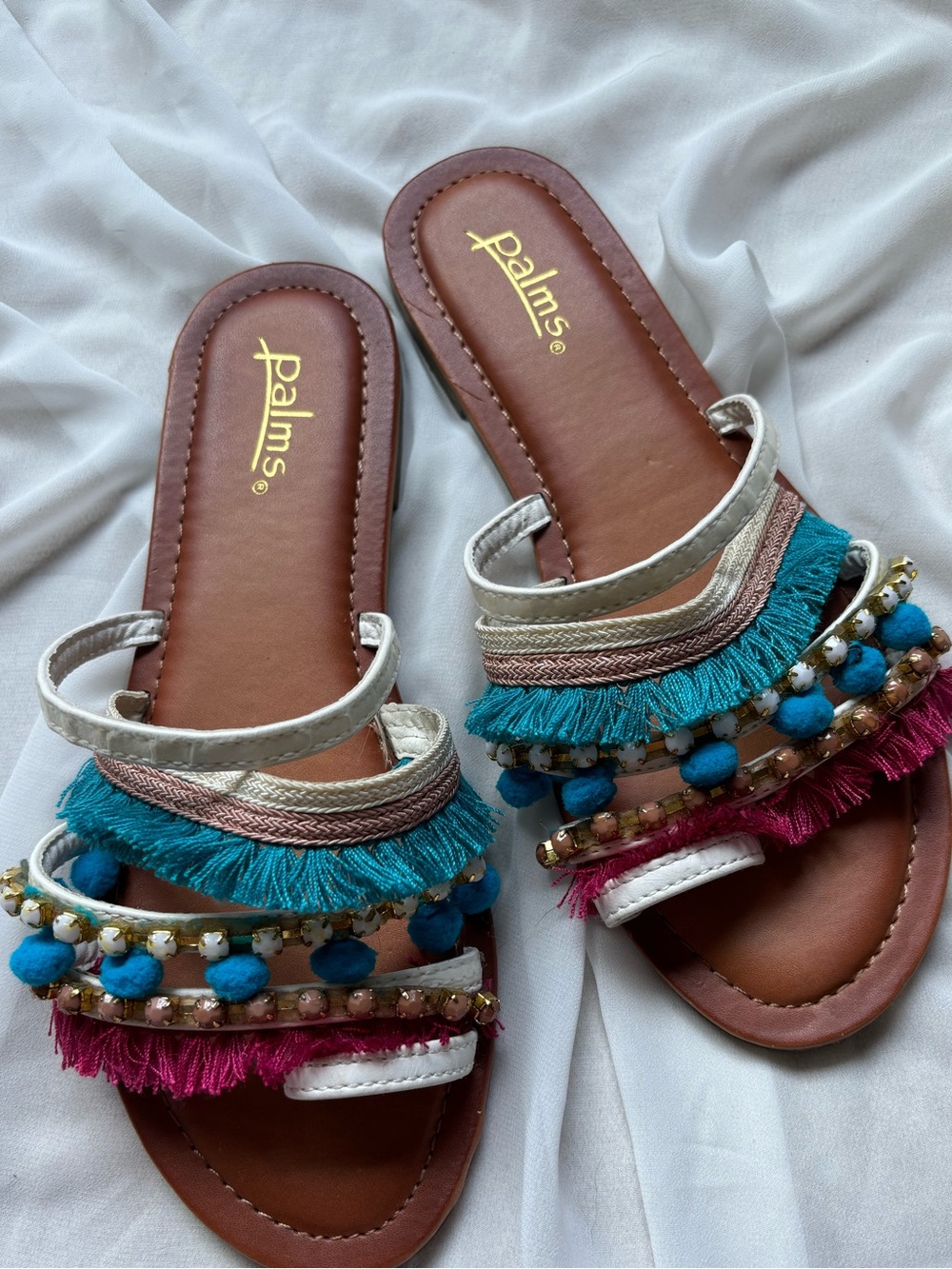 Palms Multi Color Vibrant Boho Indie Slip On Embellished Fringe Summer Sandals 7